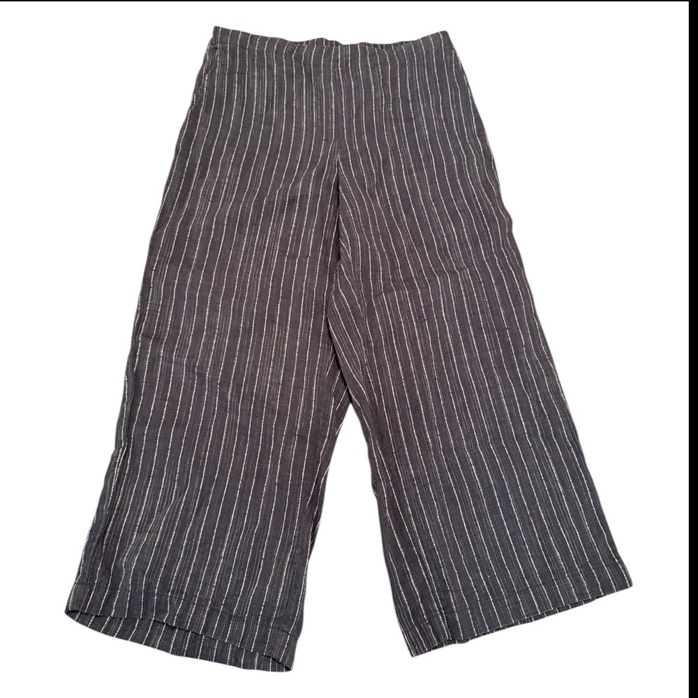 Eileen Fisher Organic Linen Wide Leg Pants Black White Cropped Sz M Petite